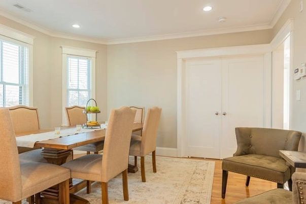 Dining room, Interior, Recessed Lighting, Wood Texture Flooring
