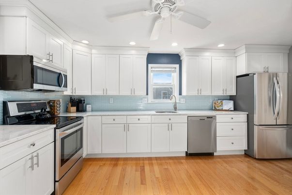 Interior, Kitchen, Recessed Lighting, Stainless Steel Appliances, Wood Texture Flooring