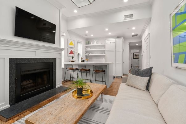 Fireplace, Interior, Living room, Recessed Lighting, Wood Texture Flooring