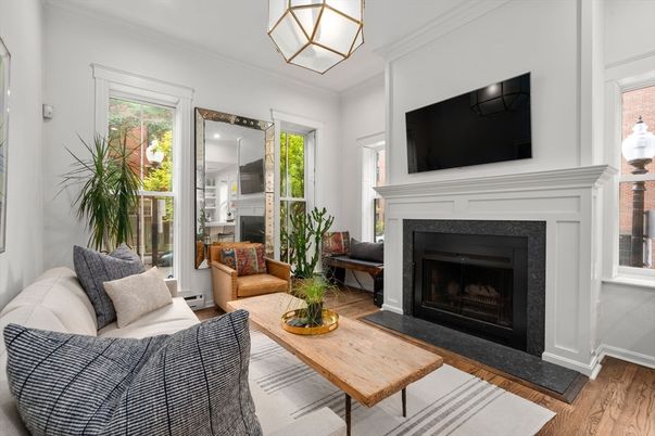Fireplace, Interior, Living room, Pendant Lights, Wood Texture Flooring