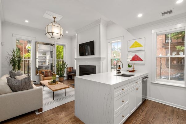 Fireplace, Interior, Kitchen, Living room, Pendant Lights, Recessed Lighting, Wood Texture Flooring