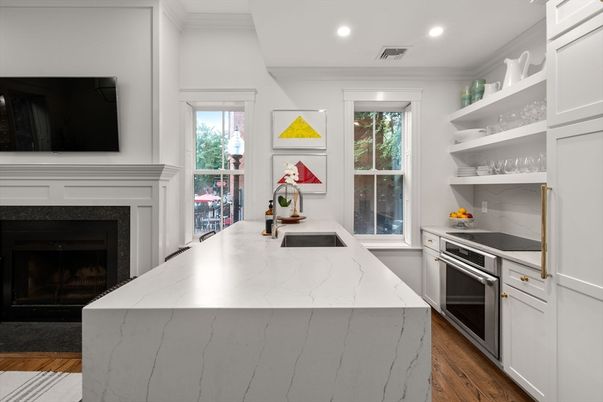 Fireplace, Interior, Kitchen, Recessed Lighting, Stainless Steel Appliances, Wood Texture Flooring