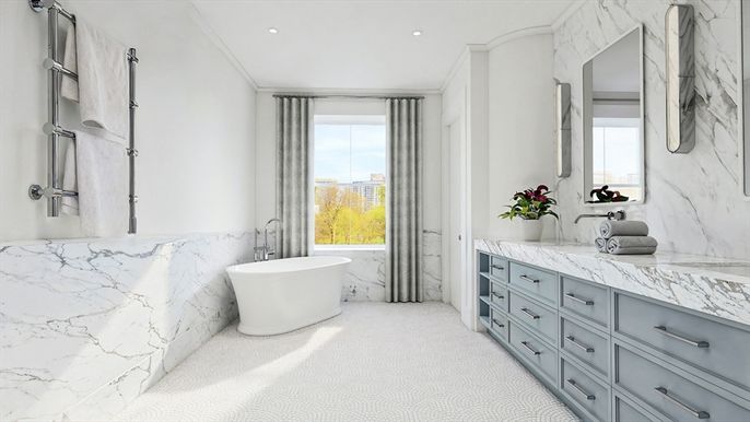 Bathroom, Chandelier, Free Standing Baths, Interior, Marble, Marble Walls, Recessed Lighting