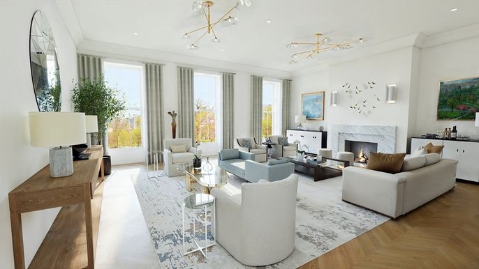 Bedroom, Fireplace, Interior, Pendant Lights, Recessed Lighting, Wood Texture Flooring
