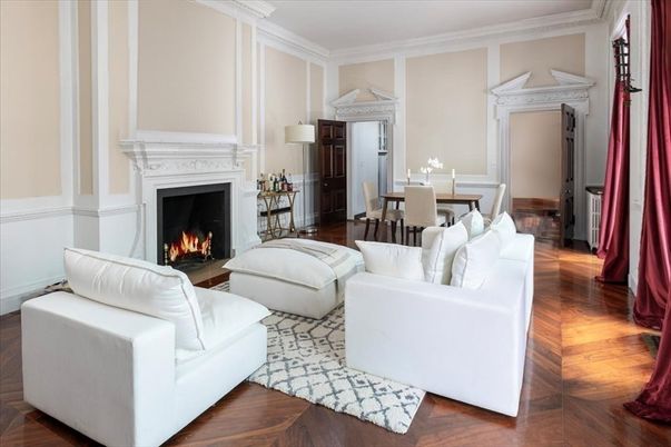 Dining room, Fireplace, Interior, Living room, Wood Texture Flooring