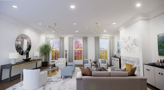 Fireplace, Interior, Living room, Pendant Lights, Recessed Lighting, Wood Texture Flooring