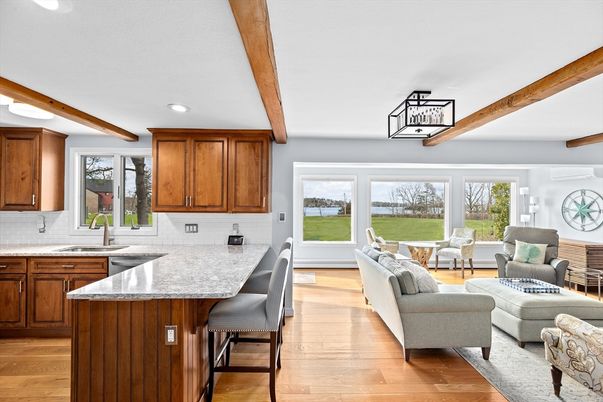 Interior, Kitchen, Living room, Recessed Lighting, Wooden Beams, Wood Texture Flooring