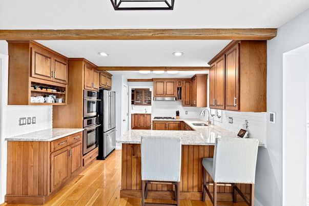 Interior, Kitchen, Recessed Lighting, Stainless Steel Appliances, Wooden Beams, Wood Texture Flooring