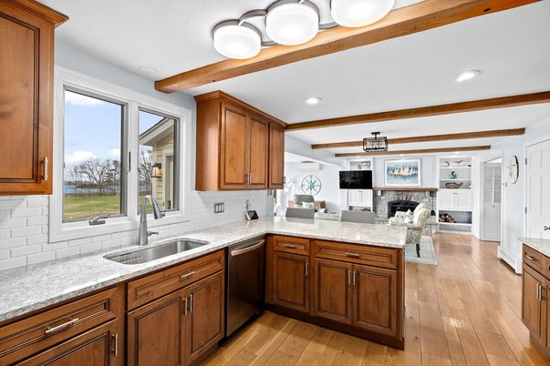 Fireplace, Interior, Kitchen, Recessed Lighting, Wooden Beams, Wood Texture Flooring