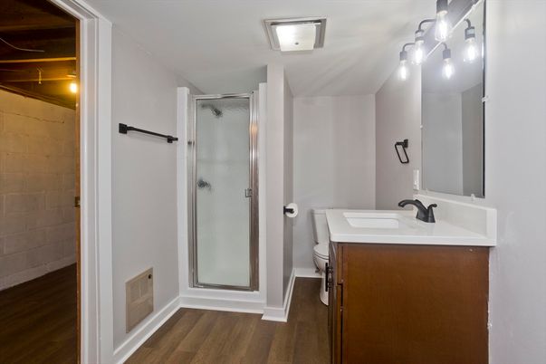 Bathroom, Glass Shower, Interior, Wood Texture Flooring