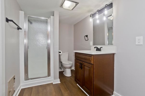 Bathroom, Glass Shower, Interior, Wood Texture Flooring