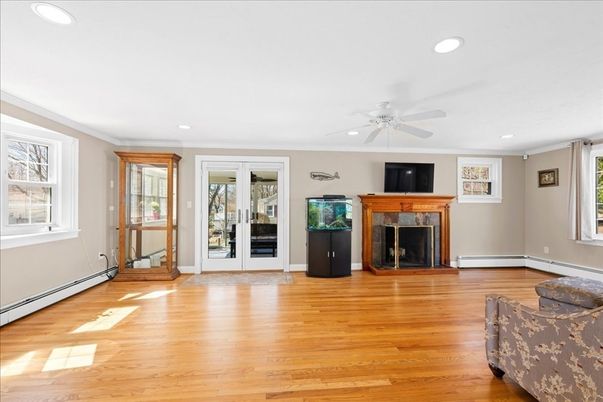 Empty room, Fireplace, Interior, Recessed Lighting, Wood Texture Flooring