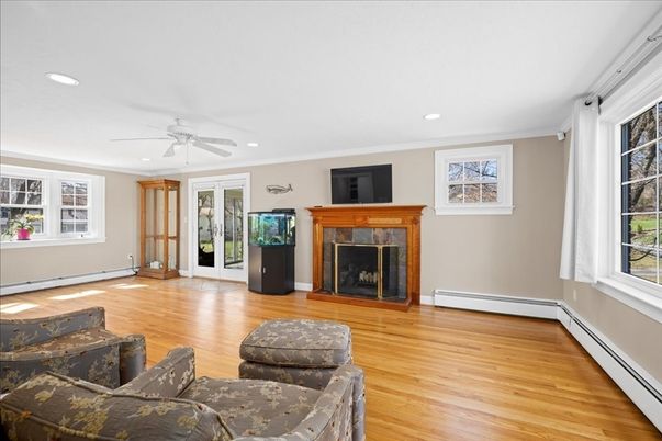 Empty room, Fireplace, Interior, Recessed Lighting, Wood Texture Flooring