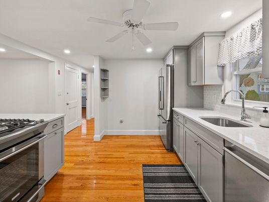 Interior, Kitchen, Recessed Lighting, Stainless Steel Appliances, Wood Texture Flooring