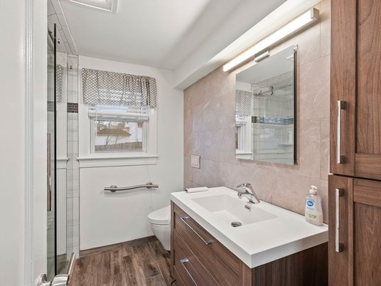 Bathroom, Glass Shower, Interior, Wood Texture Flooring