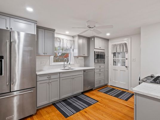 Interior, Kitchen, Recessed Lighting, Stainless Steel Appliances, Wood Texture Flooring