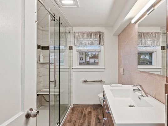 Bathroom, Glass Shower, Interior, Wood Texture Flooring