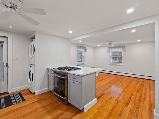 Interior, Kitchen, Recessed Lighting, Washer, Wood Texture Flooring