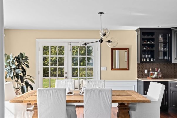 Dining room, Interior, Pendant Lights, Wood Texture Flooring