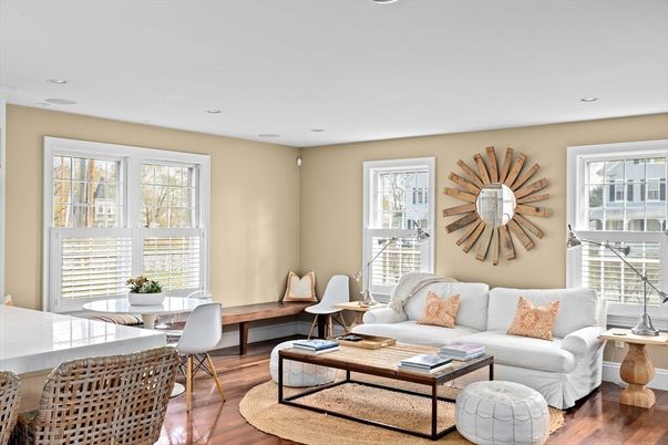 Dining room, Interior, Living room, Recessed Lighting, Wood Texture Flooring