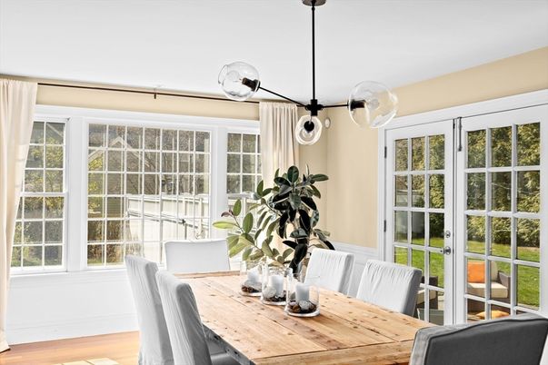 Dining room, Interior, Pendant Lights, Wood Texture Flooring