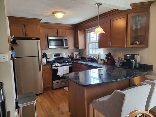 Interior, Kitchen, Pendant Lights, Stainless Steel Appliances, Wood Texture Flooring
