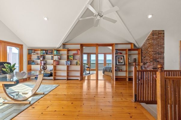 Bedroom, Interior, Recessed Lighting, Stone Walls, Water, Wood Texture Flooring