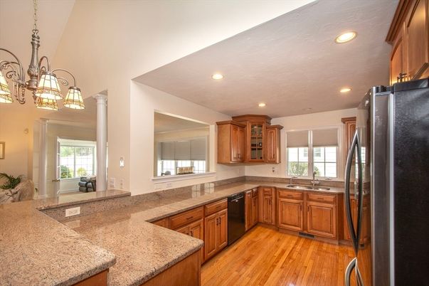 Chandelier, Interior, Kitchen, Recessed Lighting, Wood Texture Flooring