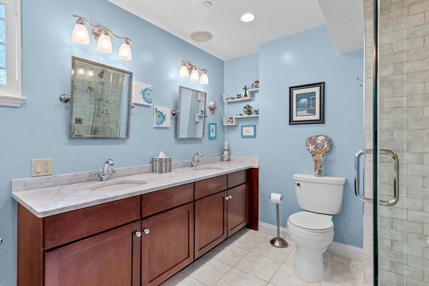Bathroom, Dual Sink Vanities, Glass Shower, Interior, Recessed Lighting