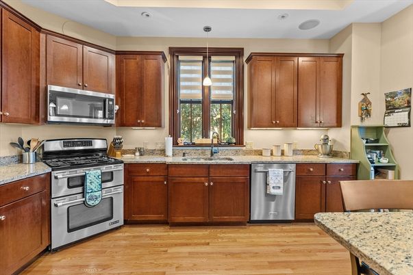Interior, Kitchen, Pendant Lights, Recessed Lighting, Stainless Steel Appliances, Wood Texture Flooring
