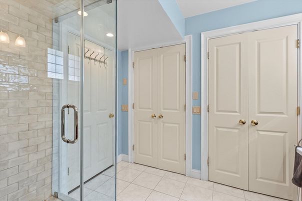 Bathroom, Glass Shower, Interior, Recessed Lighting, Stone Walls