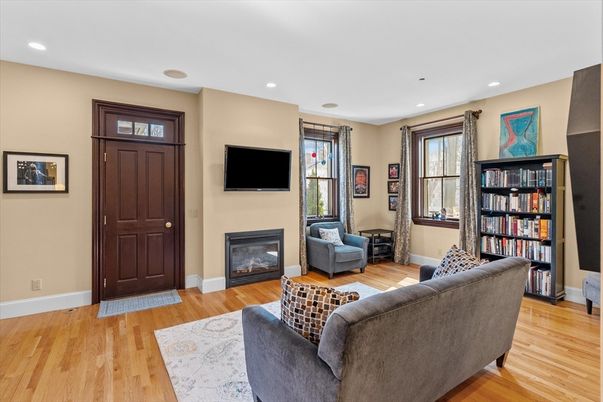 Fireplace, Interior, Living room, Recessed Lighting, Wood Texture Flooring