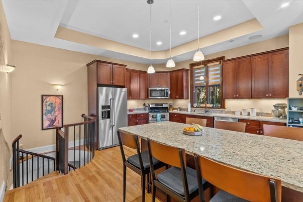 Interior, Kitchen, Pendant Lights, Recessed Lighting, Stainless Steel Appliances, Wood Texture Flooring