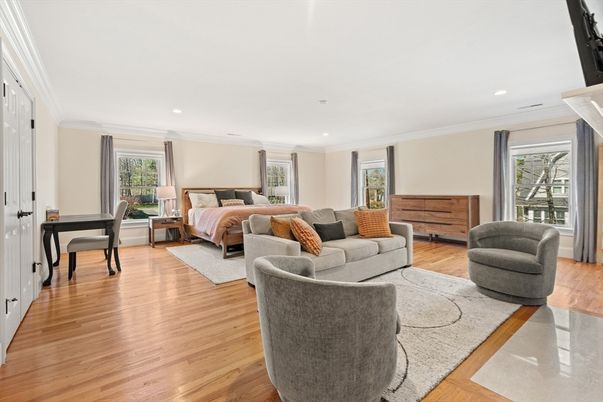 Bedroom, Interior, Living room, Recessed Lighting, Wood Texture Flooring