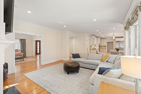 Fireplace, Interior, Kitchen, Living room, Pendant Lights, Recessed Lighting, Wood Texture Flooring