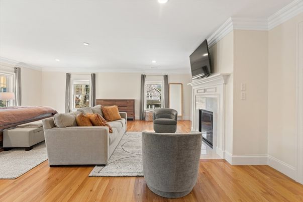 Fireplace, Interior, Living room, Recessed Lighting, Wood Texture Flooring