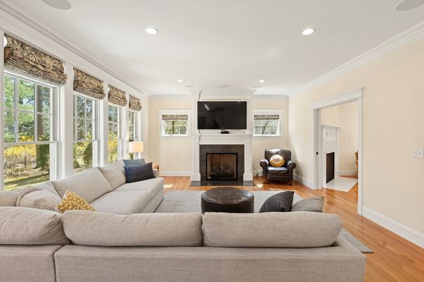 Fireplace, Interior, Living room, Recessed Lighting, Wood Texture Flooring