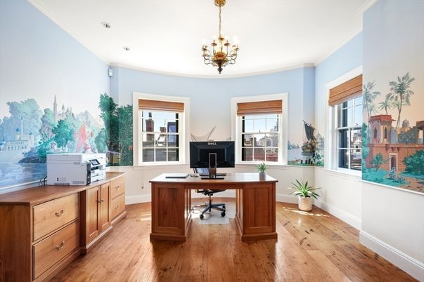 Chandelier, Home Office, Interior, Wood Texture Flooring