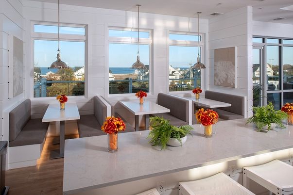Dining room, Interior, Pendant Lights, Water, Wood Texture Flooring