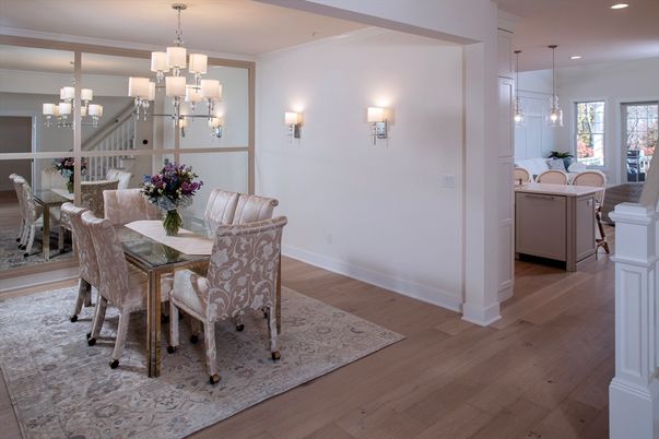 Chandelier, Dining room, Interior, Pendant Lights, Recessed Lighting, Wood Texture Flooring