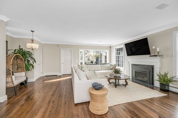 Fireplace, Interior, Living room, Pendant Lights, Wood Texture Flooring
