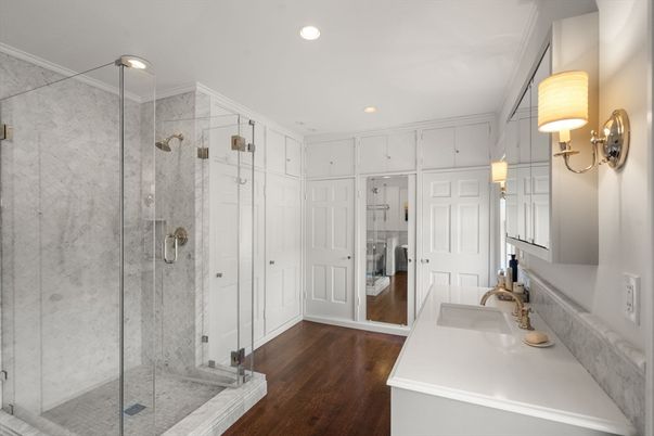 Bathroom, Glass Shower, Interior, Recessed Lighting, Wood Texture Flooring