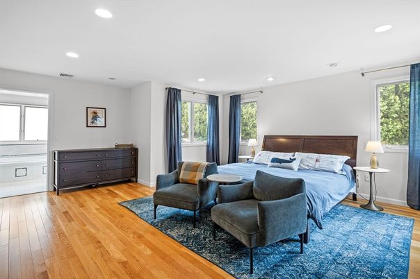 Bedroom, Interior, Recessed Lighting, Wood Texture Flooring