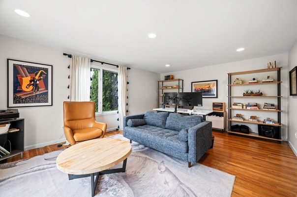 Home Office, Interior, Living room, Recessed Lighting, Wood Texture Flooring