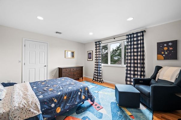 Bedroom, Interior, Recessed Lighting, Wood Texture Flooring