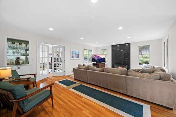 Fireplace, Interior, Living room, Recessed Lighting, Wood Texture Flooring