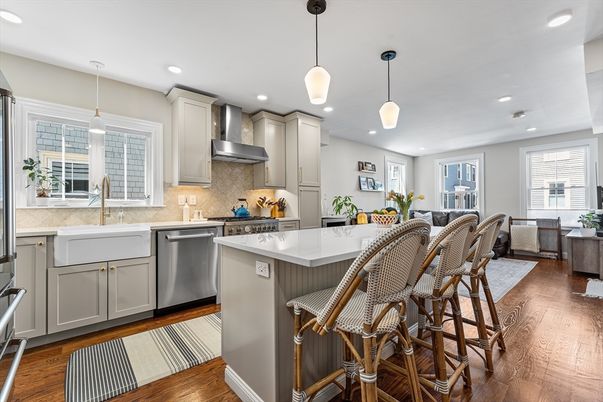 Interior, Kitchen, Living room, Pendant Lights, Recessed Lighting, Stainless Steel Appliances, Wood Texture Flooring