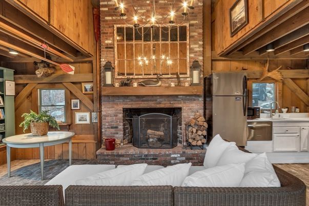 Chandelier, Fireplace, Interior, Kitchen, Living room, Stone Walls, Wooden Walls