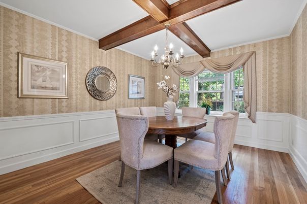 Chandelier, Dining room, Interior, Wooden Beams, Wood Texture Flooring