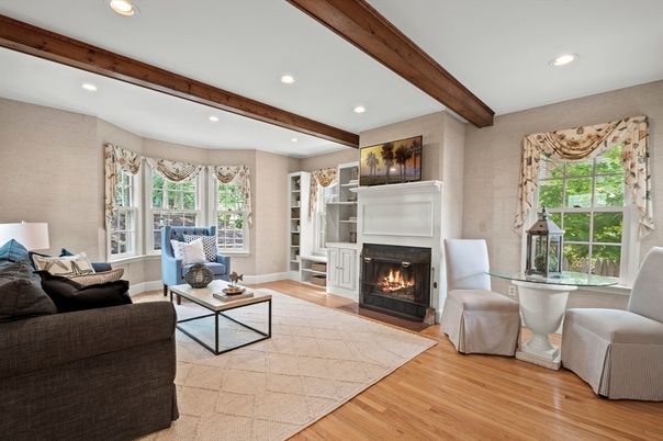 Fireplace, Interior, Living room, Recessed Lighting, Wooden Beams, Wood Texture Flooring